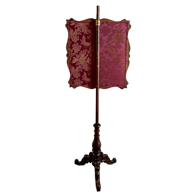 Antique Victorian c.1850s Carved Rosewood Embroidered Silk Fireplace Pole Screen For Sale - Image 6 of 11