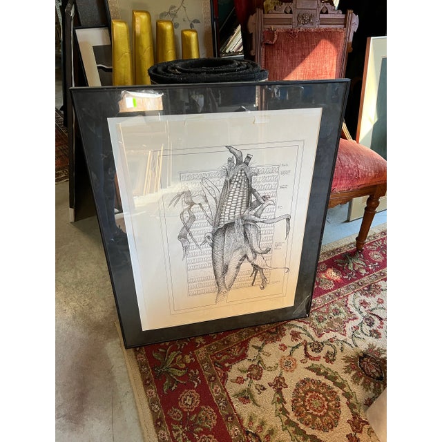 1970s Black and White Corn Print Art Signed, Framed For Sale - Image 4 of 6