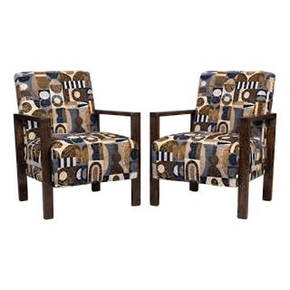 Vintage Hungarian Art Deco Lounge Chairs in Abstract Geometric Pattern Fabric with Wooden Frames, 1930s, Set of 2 For Sale