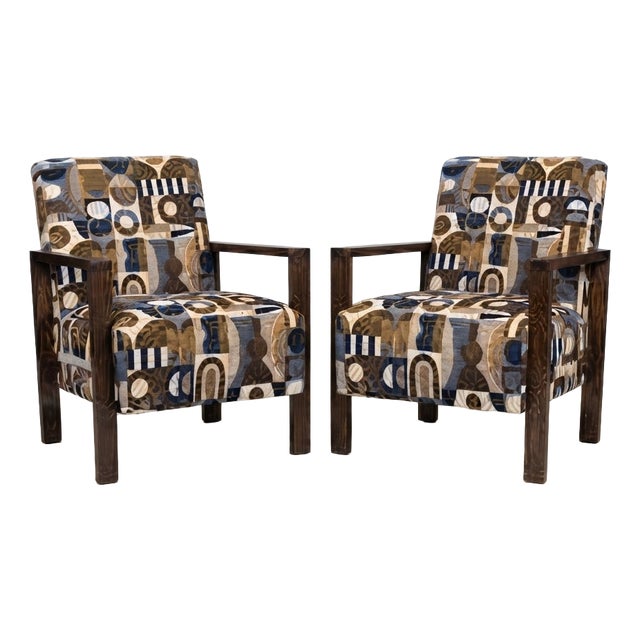 Vintage Hungarian Art Deco Lounge Chairs in Abstract Geometric Pattern Fabric with Wooden Frames, 1930s, Set of 2 For Sale