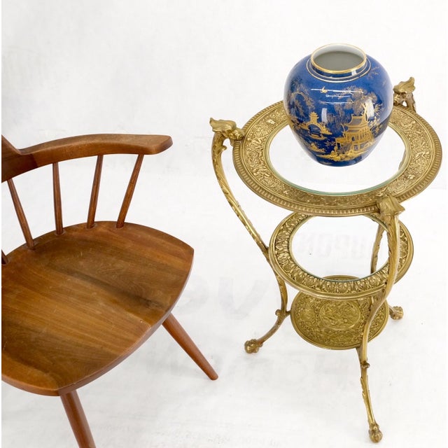 3 Tier heavy solid cast brass glass top tri legged dragon motive Stand lamp table pedestal.