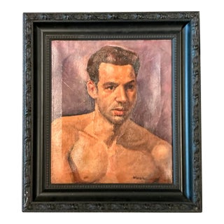 Vintage Boho Original Oil Portrait of Man on Canvas For Sale