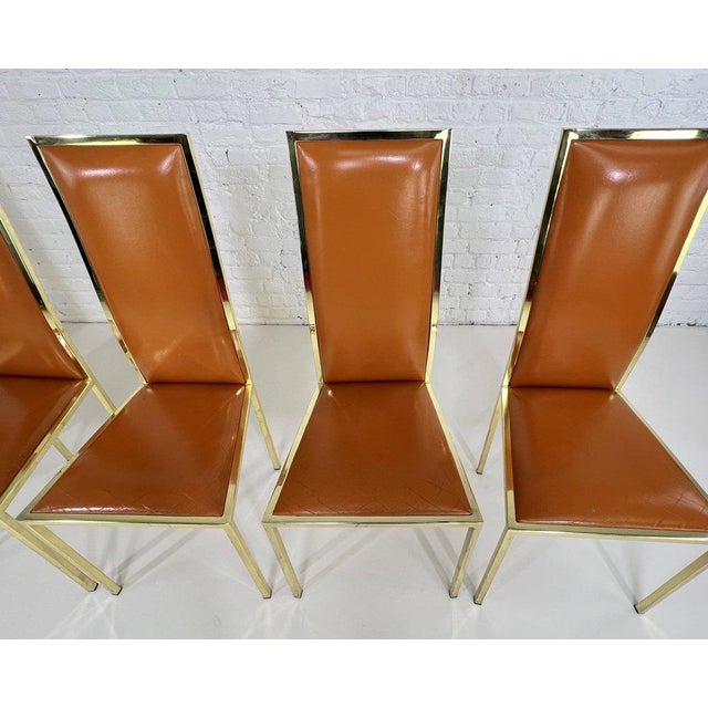Cognac Leather and Brass Chairs by Renato Zevi, 1970s, Set of 6 For Sale - Image 4 of 7