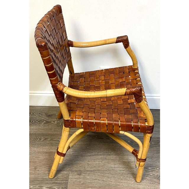 1960s French Modern Bamboo & Woven Saddle Leather Armchair, Circa 1960s For Sale - Image 9 of 13