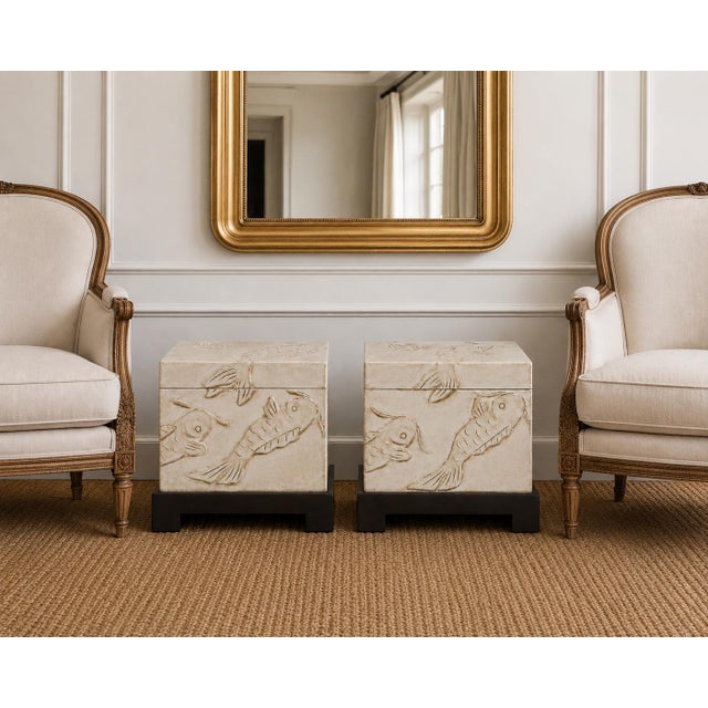 Mid 20th Century Mid-Century Asian Modern Ivory Glazed Koi Fish Box on Stand Side Tables - Pair For Sale - Image 5 of 6