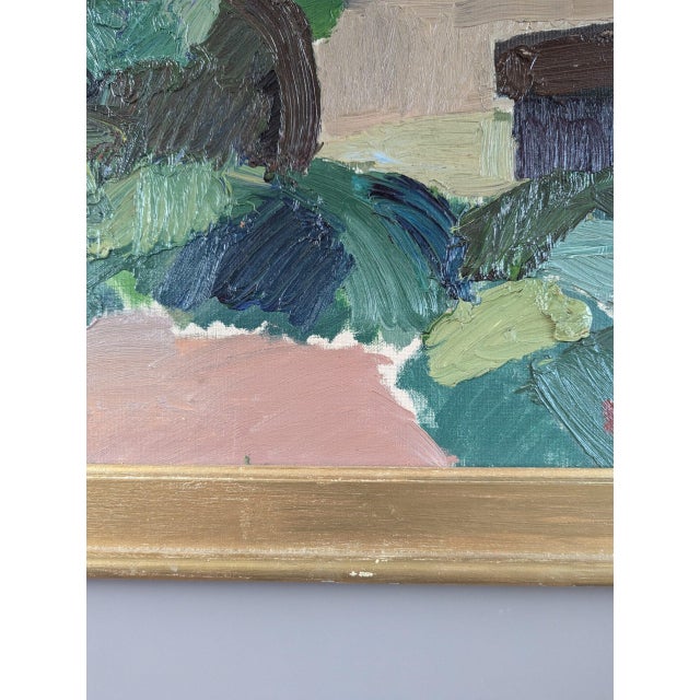 Textile Mid-Century Modern 'Hillside Houses' Vintage Swedish Semi-Abstract Landscape Oil Painting, Framed For Sale - Image 7 of 12