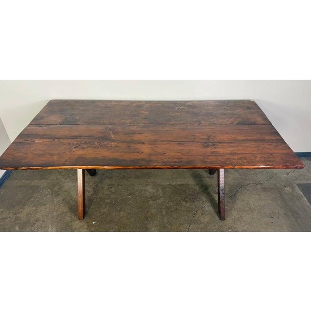 Rustic Trestle Dining Table With Handcrafted Plank Top, Mid-20th Century For Sale - Image 4 of 9