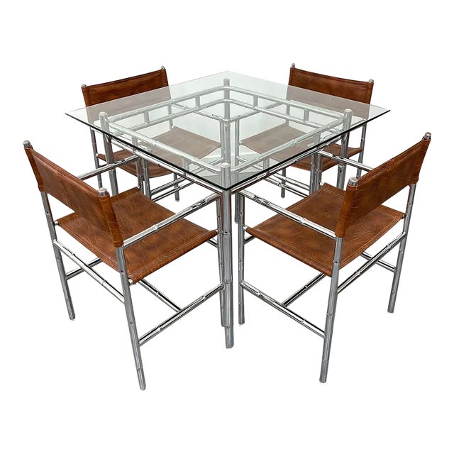 Mid-Century Modern Chrome Bamboo Table With Glass Top and 4 Chairs For Sale