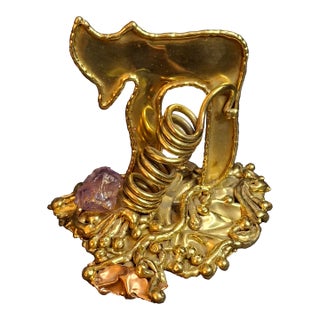 Vintage 1970s Copa Brazil Brutalist Hebrew Chai Brass & Amethyst Sculpture For Sale