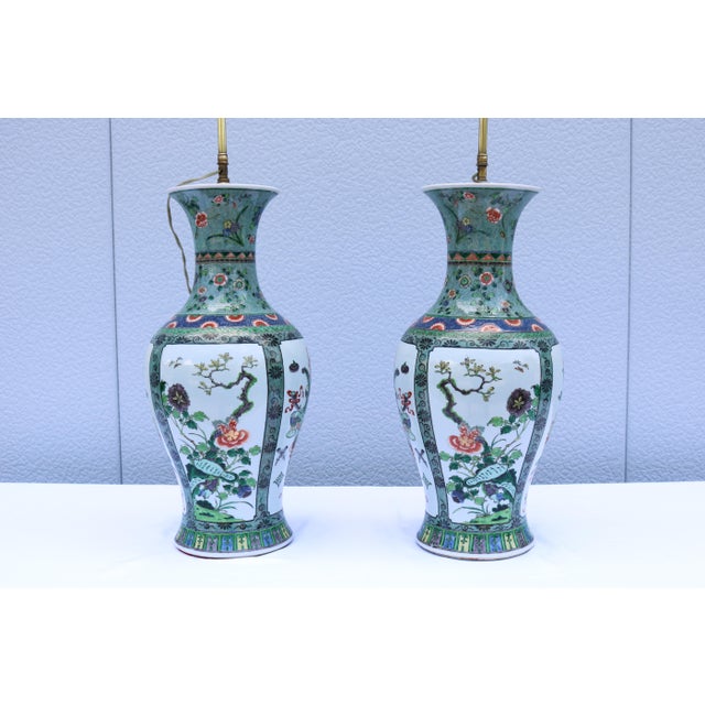 Chinese Porcelain Baluster Vase Table Lamps 19th-Century Famille Verte, a Pair For Sale - Image 11 of 17