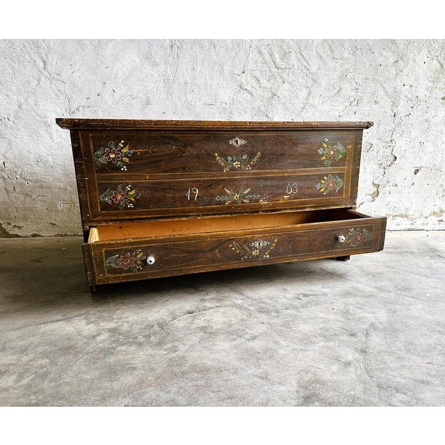 Width: 148 centimetres Height: 76 centimetres Depth: 60 centimetres This large, painted chest originates from France,...