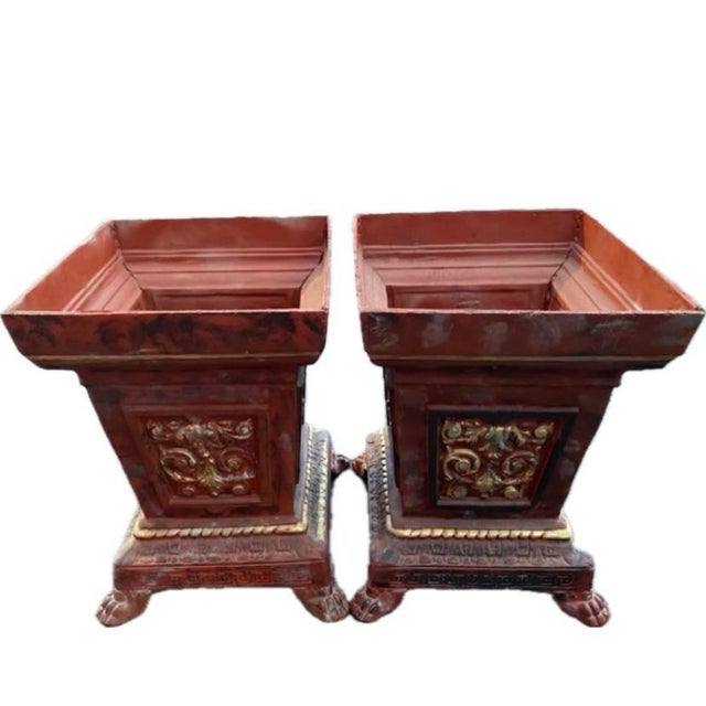 French Provincial Monumental Antique French Cast Iron Garden Planters Painted With Claw Feet - A Pair For Sale - Image 3 of 12