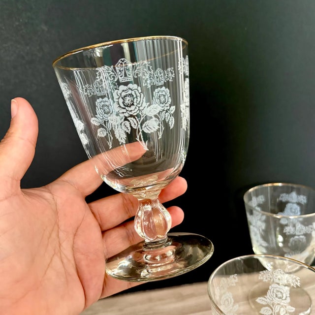 Libbey Glass Co. Vintage Queen Esther White Rose Pattern Goblets 5 1/2″ Tall - Set of 4 For Sale - Image 4 of 9