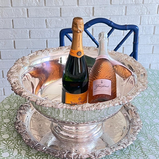 Gorham "Newport" silverplate punch bowl, tray and ladle with embossed design and grapevine rim // huge champagne bucket // wedding decor For Sale - Image 17 of 18