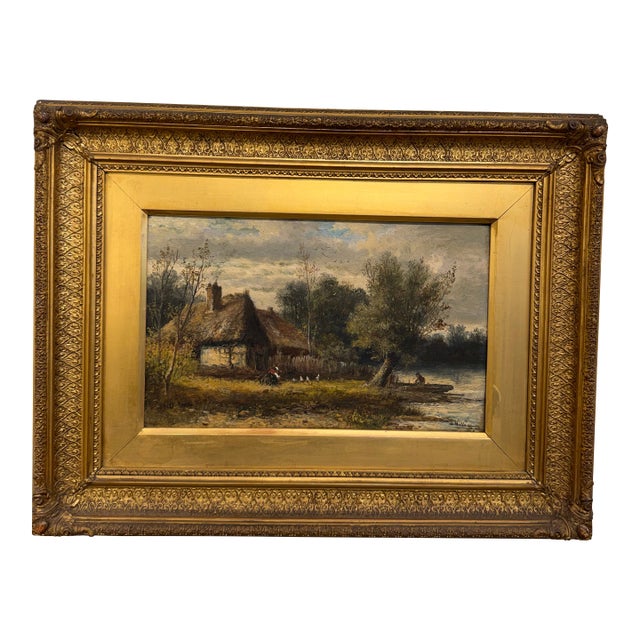 Late 19th Century Oil on Canvas 'Cottage by the Riverbank' For Sale