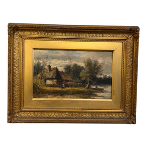 Late 19th Century Oil on Canvas 'Cottage by the Riverbank'