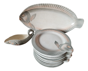 French Art Deco Grey and Pink Fish Service from Sarreguemines, 1930s, Set of 14