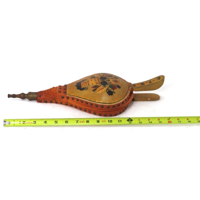 Vintage Tole Style Hand Painted Wood Leather & Brass Fireplace Bellows For Sale - Image 10 of 13