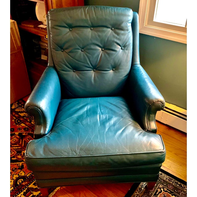 Henredon Blue Leather High Back Club Chair Chairish