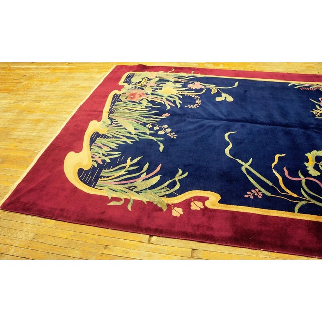 Textile 1920s Blue Navy Medallion Antique Chinese Art Deco Carpet 8' 9" X 11' 5" Knotted Wool Rug For Sale - Image 7 of 10