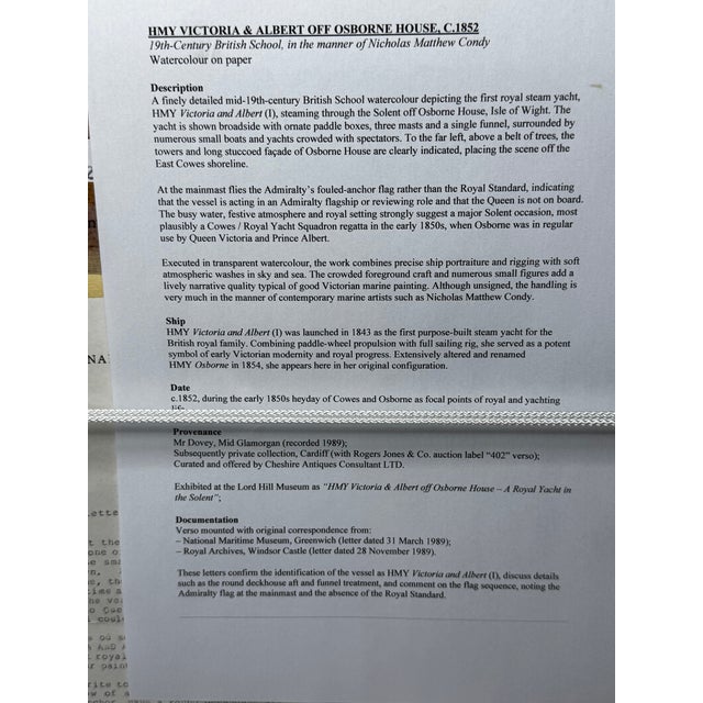 Hmy Victoria & Albert Off Osborne House Royal Steam Yacht in the Solent, 19th-Century Painting in the Manner of Nicholas Condy For Sale - Image 18 of 18