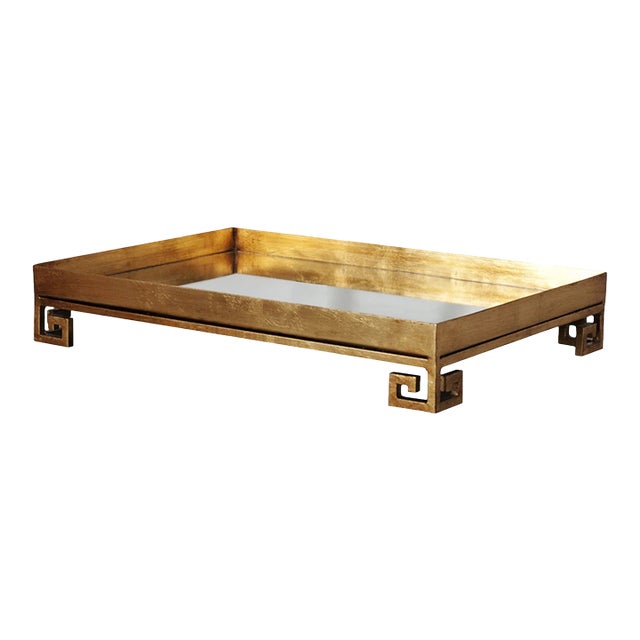 Matthew Izzo Home Julian Gold Leaf Greek Key Base Tray With Inset Mirror For Sale