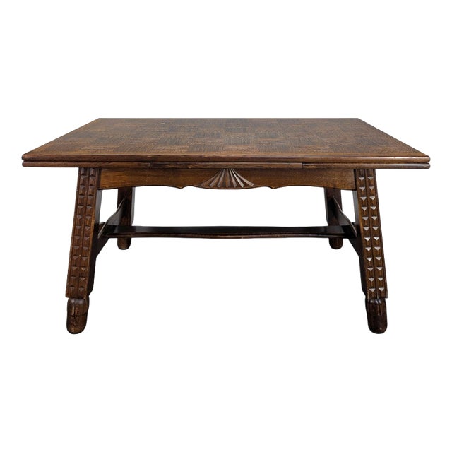 Art Deco Extendable Oak Table with Checkerboard Top in the style of Charles Dudouyt, 1930s For Sale