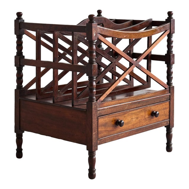 Large English Regency Mahogany Canterbury Magazine Rack With Drawer, 19th Century For Sale