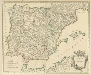 Large Map of the Kingdoms of Spain and Portugal by Robert De Vaugondy, 1750