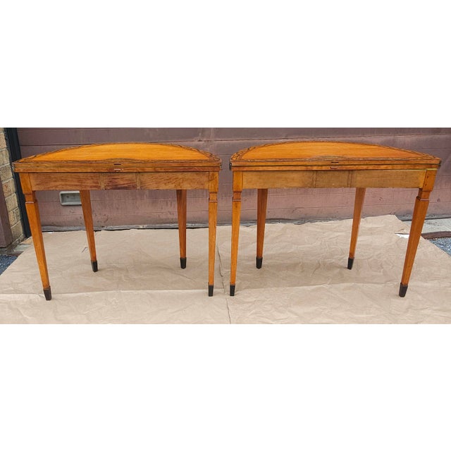 Late 18th Century Pair of George III Floral Wreath Painted Crossbanded Satinwood Demilune Card Tables For Sale - Image 15 of 18