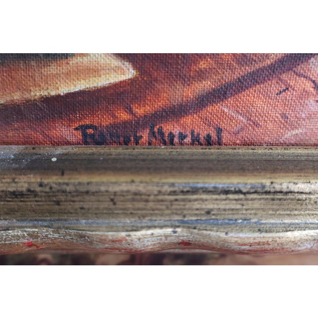 English Vintage Roger Merkel Signed Cobblestone Street Oil Painting—Gilt Framed For Sale - Image 3 of 15