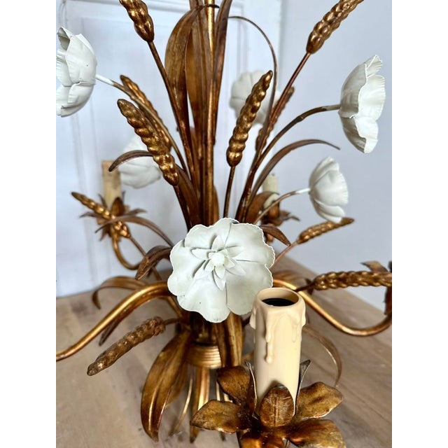 Gilt Tole Floral and Wheat Chandelier, 1960 For Sale - Image 15 of 18