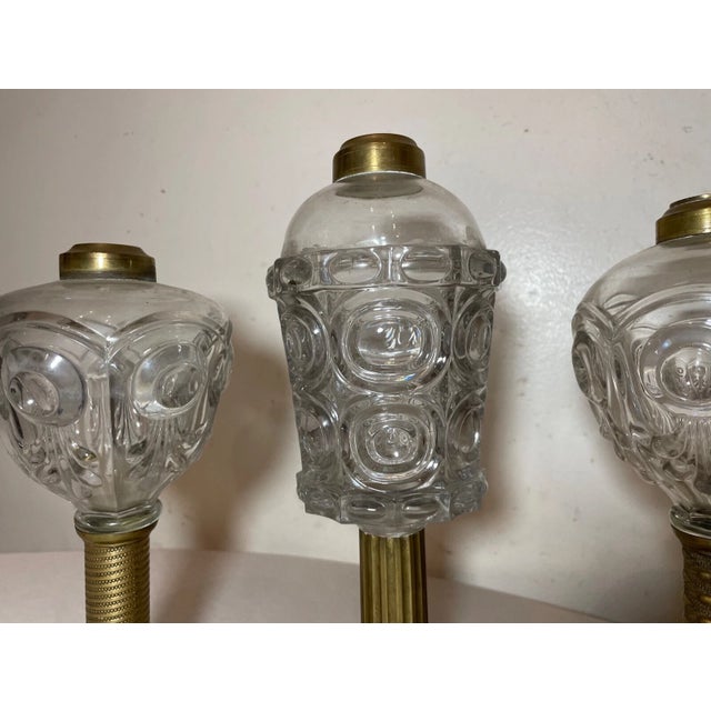 Lot of 3 Rare Antique 19th Century Bullseye Glass Brass Marble Whale Oil Lamp For Sale - Image 4 of 14