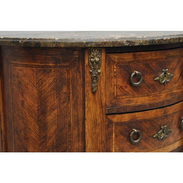 Antique French Louis XV Style Demilune Marble Top 4 Drawer Nightstand Table Pair For Sale - Image 14 of 18
