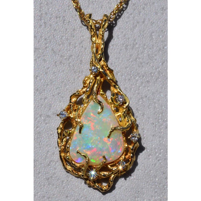 The Cicero: Ladies Brutalist Style 14K Yellow Gold Opal and Diamond Pendant. Beautifully handcrafted in 14 karat yellow...
