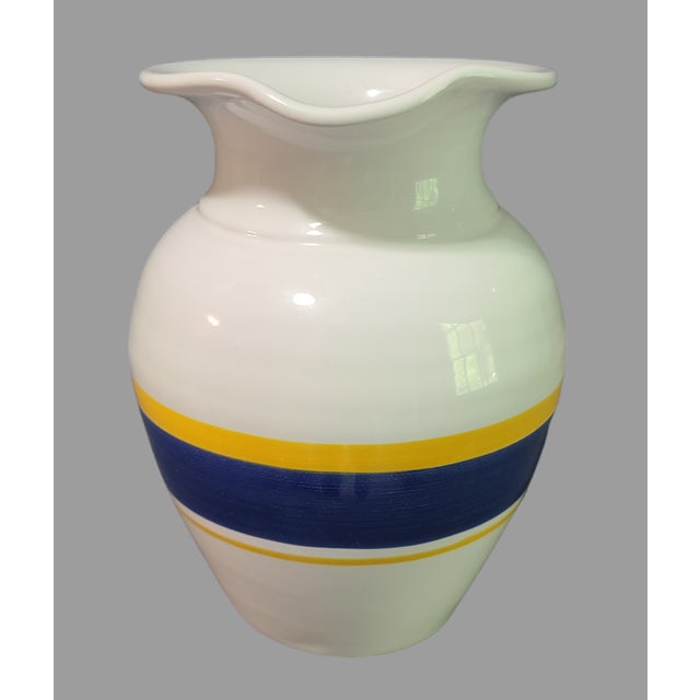 Vintage Made in Italy White Pottery Blue & Yellow Stripes Wine Water Pitcher For Sale - Image 4 of 7