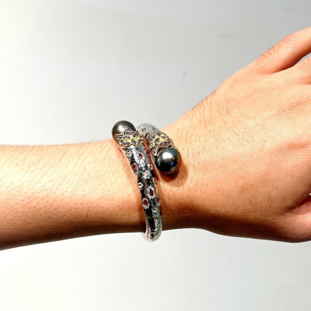 Bochic “Orient” Sapphire, Coral & South Sea Pearl Bangle Set 18K & Silver For Sale - Image 12 of 12