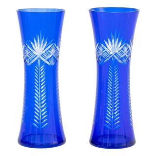 Cobalt Blue Cut Glass Flaring Vases, Pair For Sale