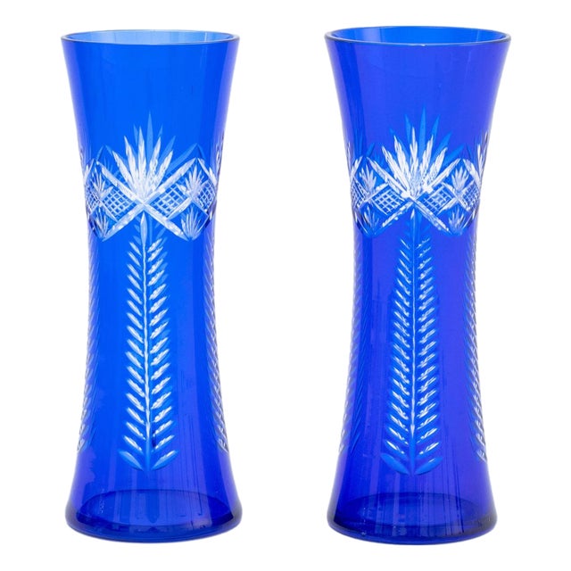 Cobalt Blue Cut Glass Flaring Vases, Pair For Sale