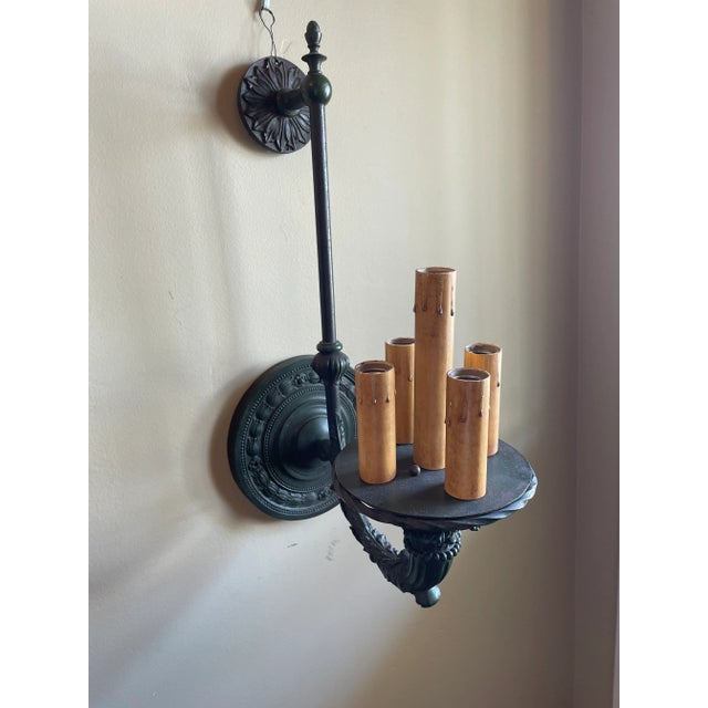 Fabulous Pair of Large Beau Arts Acanthus Leaf Pattern Wall Scones in Original Old Green Paint, Circa 1910 For Sale In Los Angeles - Image 6 of 10