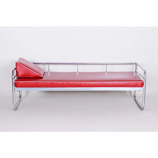 Metal Bauhaus Czech Red Tubular Sofa in Chrome-Plated Steel & High Quality Leather attributed to Hynek Gottwald, Czech, 1930s For Sale - Image 7 of 8