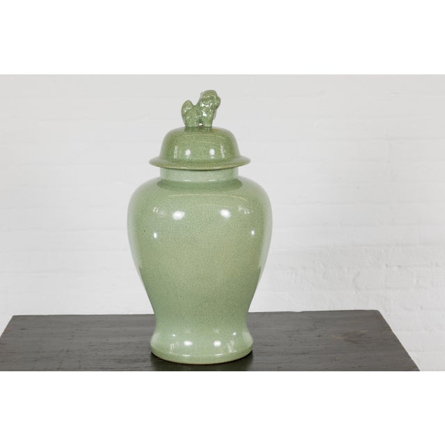 Crackle Green Celadon Lidded Vase with Stylized Foo Dog Finial For Sale - Image 12 of 12