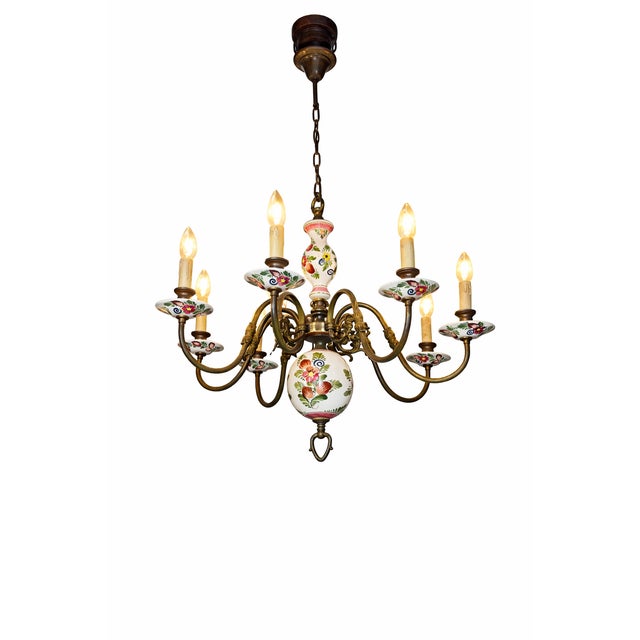 French Brass and Hand-Painted Porcelain 8-Light Chandelier, 1950s For Sale - Image 4 of 7