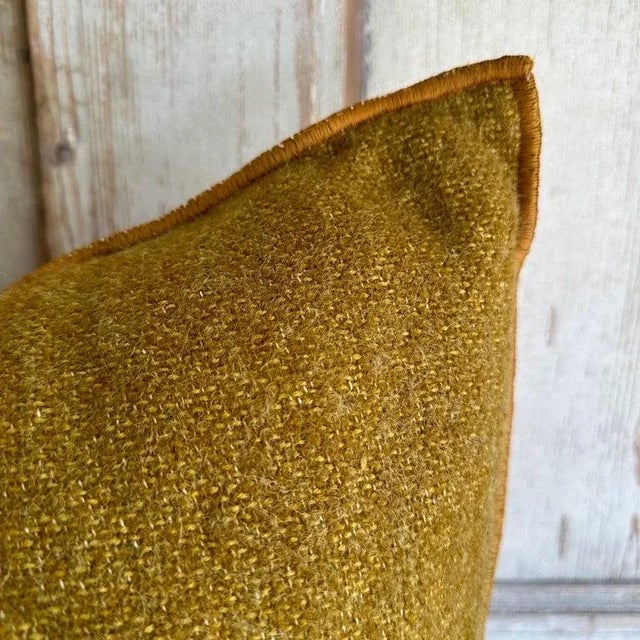 Custom wool blend accent pillow with down insert Color: Ocre which is a dijon french mustard colored nubby boucle style...