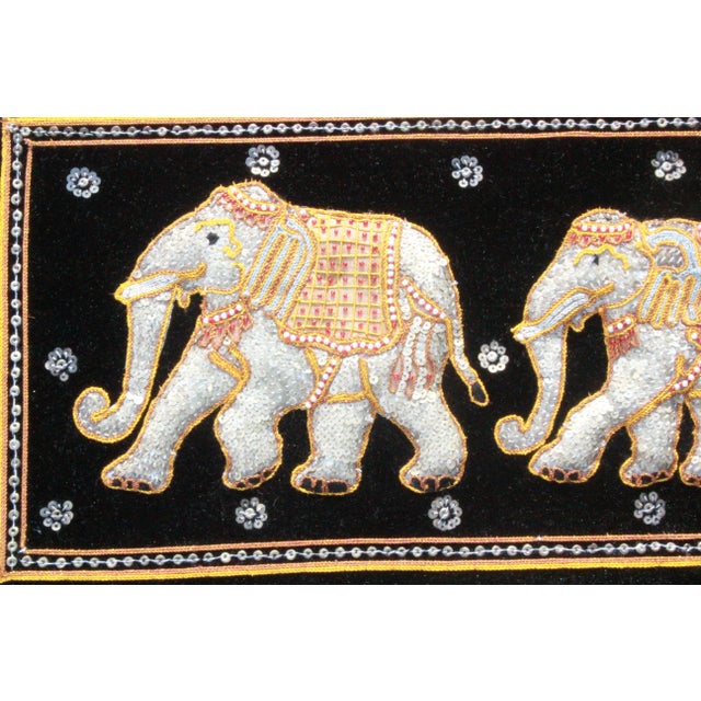 Vintage Thai Pearl Bead Sequin Elephant on Black Velvet Wood Framed Art For Sale In Washington DC - Image 6 of 6