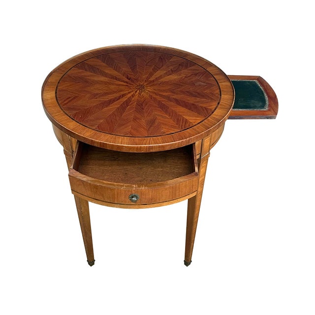 French Louis XVI Style Tulipwood Marquetry Veneered Circular Side Table For Sale - Image 4 of 9