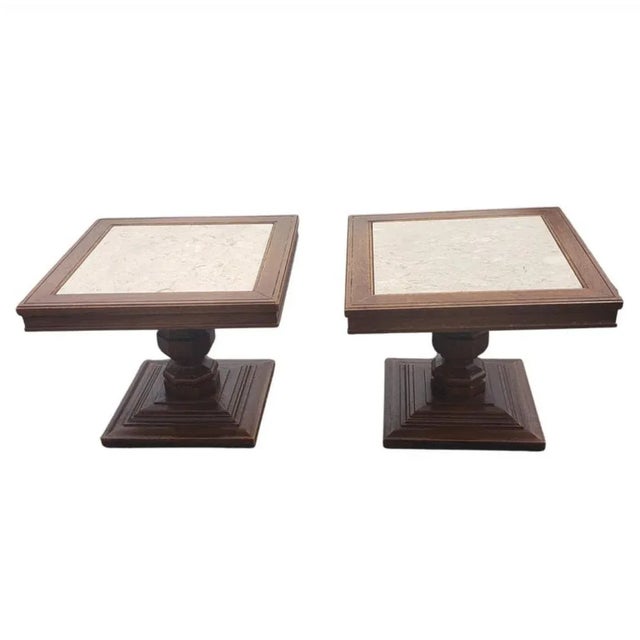 1960s Italian Pedestal Oak Side Tables With Marble Top Inserts, a Pair For Sale - Image 9 of 9