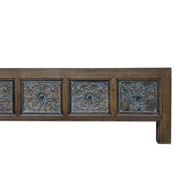 Brown Solid Wood Flower Carving 5 Drawers Blue Marks Low Tv Stand Cabinet For Sale - Image 9 of 9