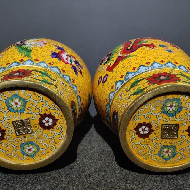 Pair of Monumental Chinese Yellow Cloisonné Dragon & Phoenix Vases - 24.7 LBS Total For Sale - Image 10 of 10