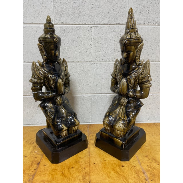 Large Ceramic Mottled Green Buddha’s on Stands- a Pair For Sale - Image 10 of 12